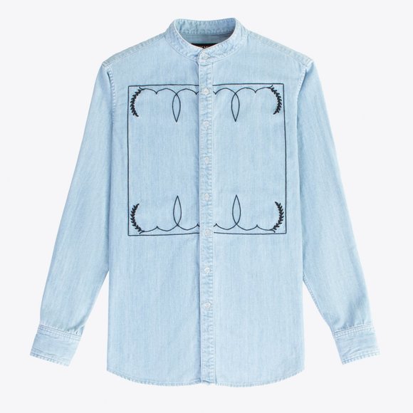 Denim Mandarin Collar Shirt - Picture 1 of 3